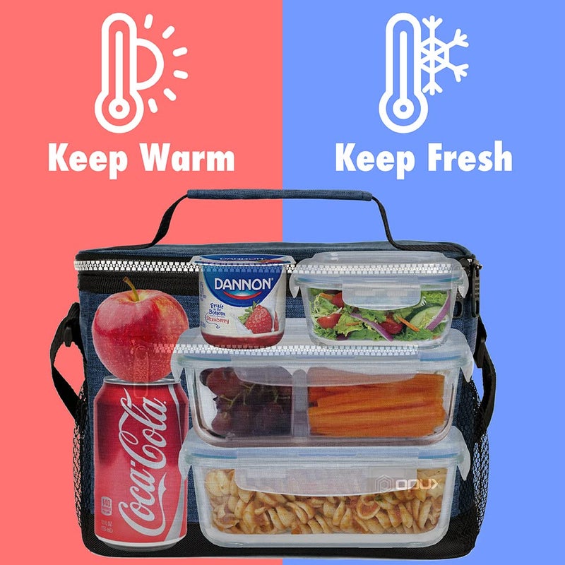 opux Insulated Lunch Box Men Women, Lunch Bag for Work School, Leakproof Soft Cooler Tote Adult, Large Lunch Pail Kids Boys Girls, Picnic Beach Food Bag with Shoulder Strap, Heather Navy - Image 2